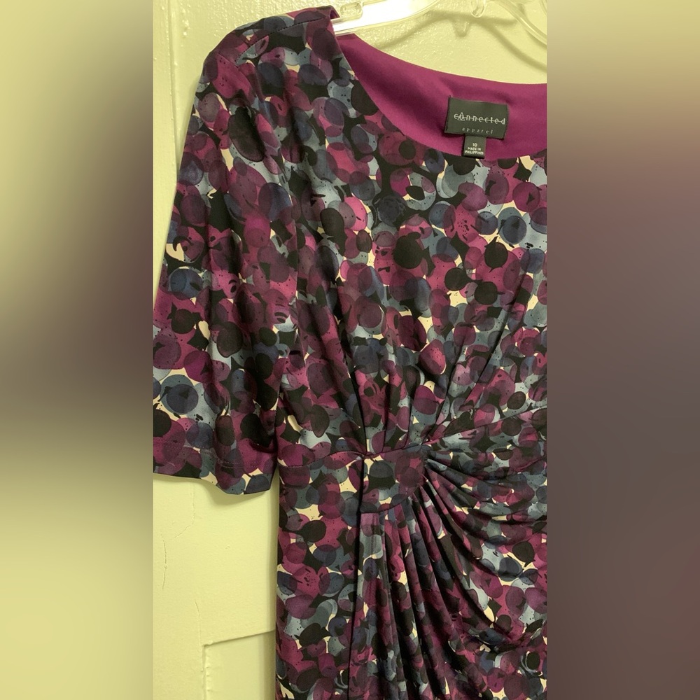 Connected Apparel elbow sleeve dress lined bodice multicolor pleated overlay - Picture 3 of 8